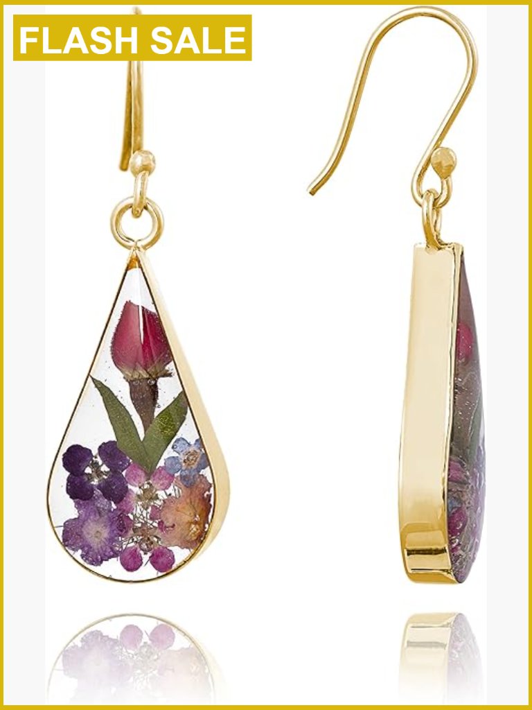 Sterling Silver Pressed Flower Teardrop Drop Earrings French Wire Back